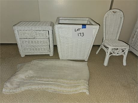 White Wicker Waste Basket/White Wicker Jewelry Box & Wicker Doll Chair