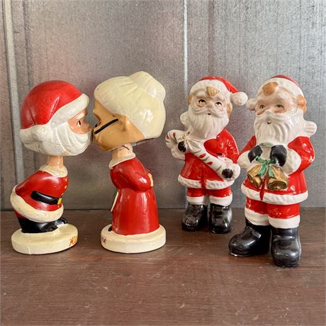 Mid-Century Santa & Mrs. Claus "Kissing" Bobbleheads and S&P Set