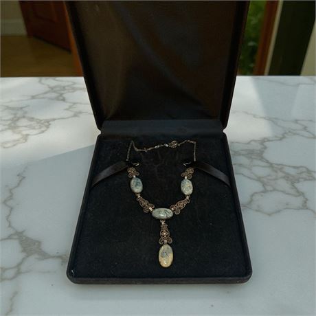 Art Deco Blue/Green Enamel Stone Pendant Drop Necklace W/Metal Accents