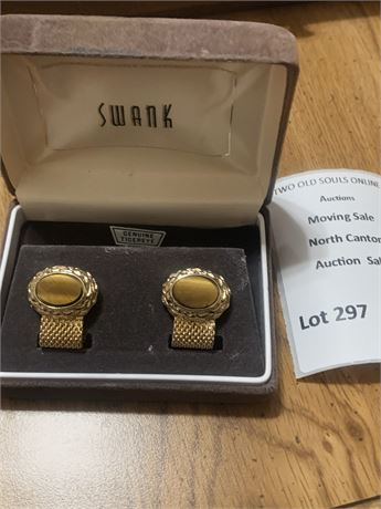 Vintage Swank Oval Tiger Eye Stone Cufflinks W/Gold Tone Mesh Wrap