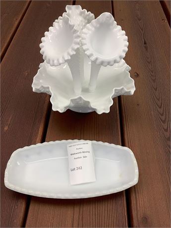 Fenton Milkglass Hobnail Epergne Vase & Milk Glass Relish/Snack Tray