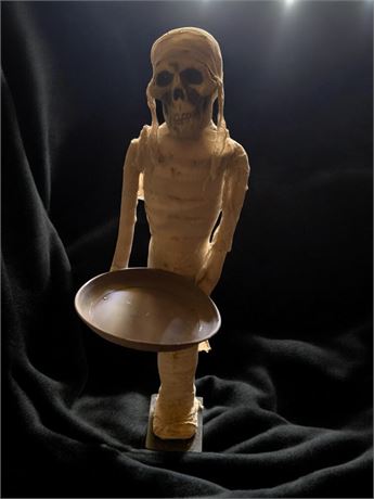 Mummy With Skull Holding Tray Halloween Figurine