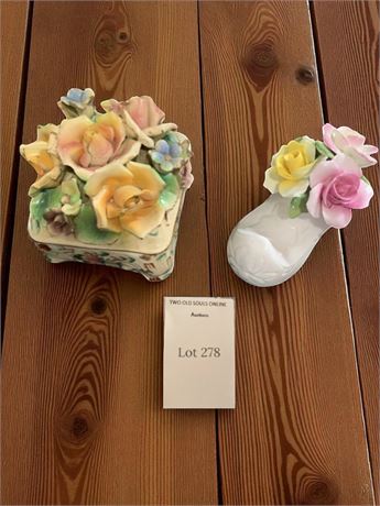 Capodimonte Style Porcelain Trinket/Jewelry Box & Clog/Shoe Bouquet