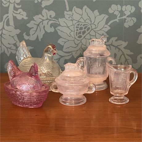 Boyd Glass Children's Lamb Set and Small Hen on Nest Dishes