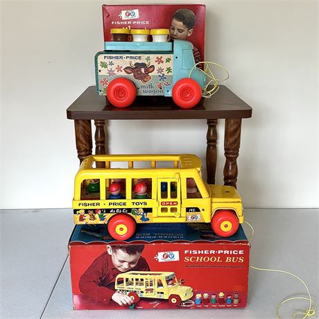 Vintage Fisher Price School Bus and Milk Wagon Toys
