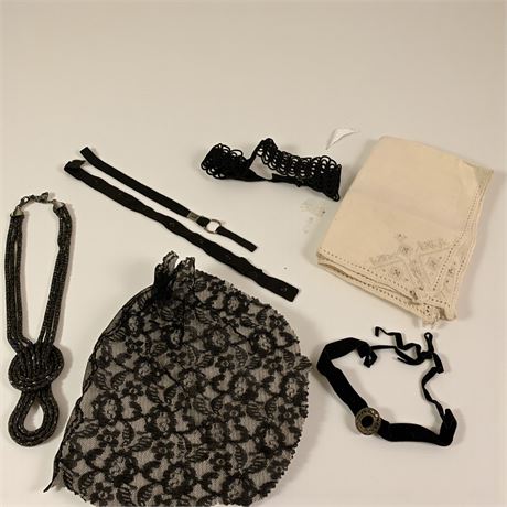 Vintage Linen Handkerchief, Black Floral Lace Piece, Black Woven Choker
