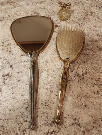 Antique Victorian Style Vanity Mirror & Brush Set w/ Perfume Bottle