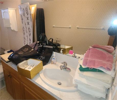 Bathroom Cleanout: Mixed Size Table Cloths/Carry On Bags/Scale/Sewing & More