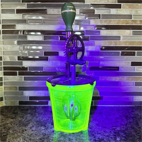 Mid-Century Uranium Depression Glass Measuring Cup w/ Hand Mixer