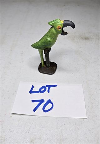 Antique Cast Iron Painted  Bottle Opener Parrot Perched on Stand
