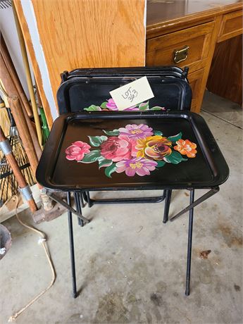 (4) Vintage Black Hand Painted Toleware TV Trays