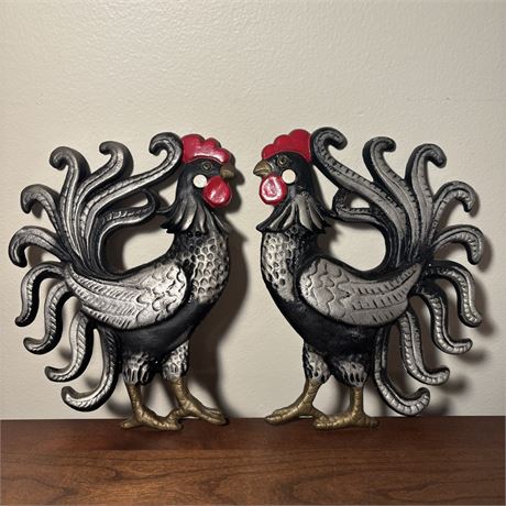 Pair of Cast Metal Rooster Wall Plaques - 9"T