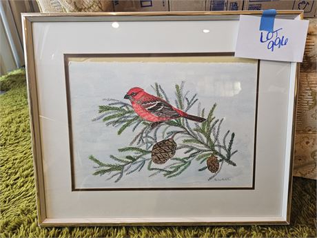 Signed Pauline Hostetler "Grosbeaks Finch" Water Color Painting