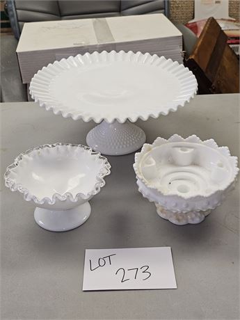 Fenton White Pedestal Cake Plate / Silvercrest Bowl & More