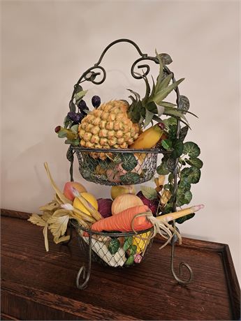 Faux Fruit & Double Metal Basket Holder