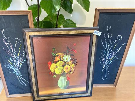 Wood Framed Floral Wall Art Set Featuring Vase Designs