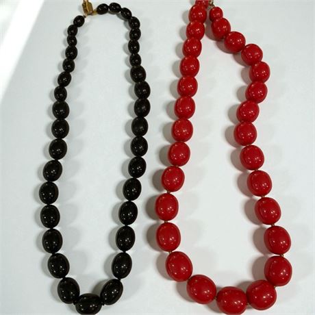 Vintage Chunky Resin Beaded Necklaces in Red & Black - Set of 2
