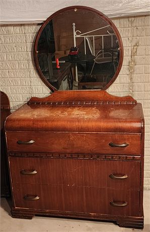 1940's ~3-Drawer Waterfall Dresser on Caster Wheels & Mirror