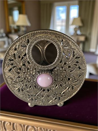 Vintage DAR GLO Metal Filigree Table Photo Frame With Pink Gemstone