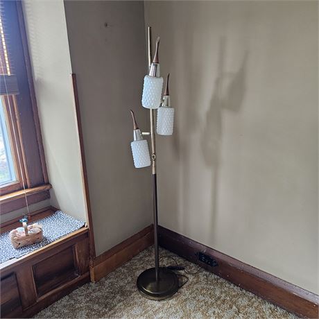 MCM 1960's Multi-Bulb Floor Lamp w/3 Milk Glass Shades feat. Real Wood Finials