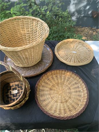 Wood Wicker Storage Basket Lot Of 5