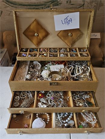 Vintage Jewelry Box w/ Mixed Costume Jewelry, Necklaces, Bracelets Earrings