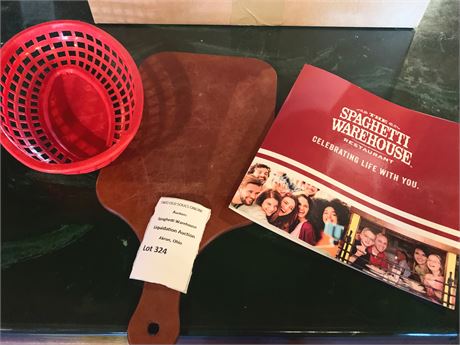 1 Wooden Bread Serving Paddle Board, & 1 Red Plastic Basket, 1 SW Menu