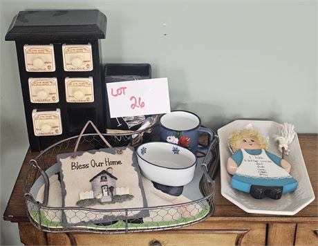 Mixed Decor Lot- Spice Holder, Bread Plate, Cow Decor Basket & More