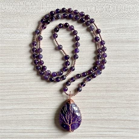 Amethyst Beaded Necklace w/ Tree of Life Copper Wire Teardrop Pendant