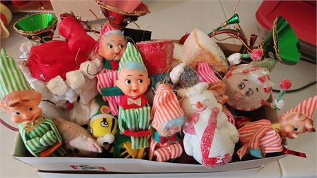 Vintage Pixie Elf Knee Huggers in Shoebox w/ Other Vintage Ornaments