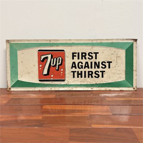 Vintage 1966 7UP "First Against Thirst" Metal Advertising Sign - 30 x 12"