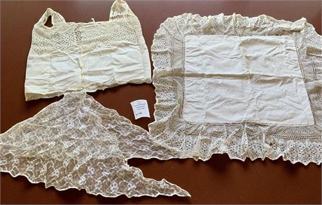 Antique Embroidered Pillow Sham, Edwardian Hand Crocheted Corset Cover & Scarf