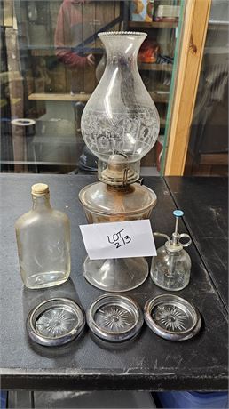 Antique Oil Lamp, Old 1 Pint Liquor Bottle & More