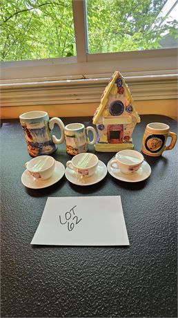Mixed Misc Lot:Mini Steins,Republic Tea Child's Cup/Saucer &Ceramic Bird House