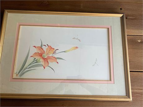 Asian Inspired Botanical Bamboo Framed Print With Orange Lilly & Dragonflies
