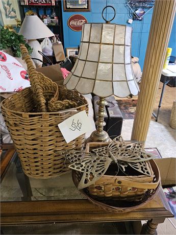 Mixed Decor Lot: Wicker Baskets/Brass Lamp/Brass Butterflies & More