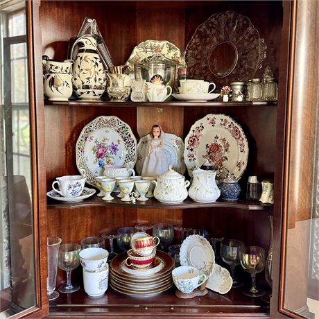 3 Shelves with Old China, Collectibles, Cup & Saucer Sets Etc.