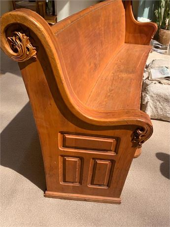 Wood Church Pew With Carved Accents and Paneled Ends