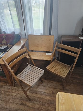 Two Standard Size Wood Chairs & School Seat