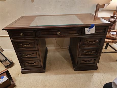 Vintage Dark Wood Office Desk & Glass Protector