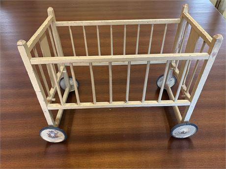 Vintage Spindle Rolling Wood Baby Doll Crib or Play Pen