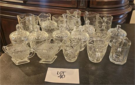 Large Lot Of Mixed Creamers, Sugar Bowls- Diamond Cut, Anchor Hocking