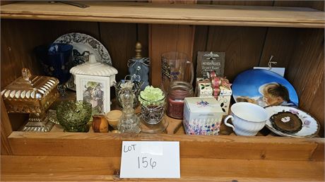 Mixed Home Decor Lot: Plate, Cups, Lidded Candy & More