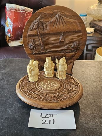Wood Carved Trivets, Bahamas Art & Fu Lu Shou Figurines