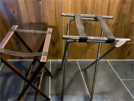 1 Industrial Tubular Steel & 1 Wood Folding Restaurant Tray Stands (Lot of 2)