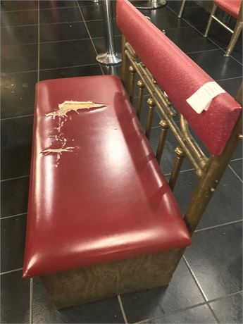 Red Vinyl Restaurant Bench W/Wood Base & Brass Back