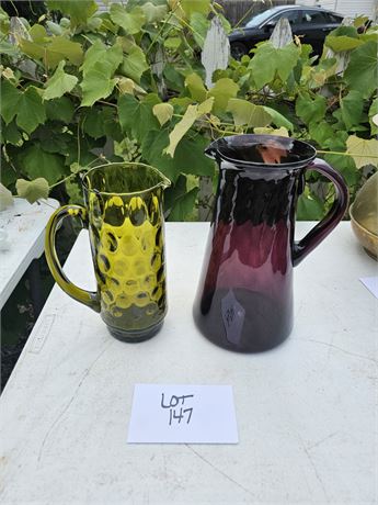 Amethyst Glass Pitcher & Hazel Atlas Amber Dot Pitcher