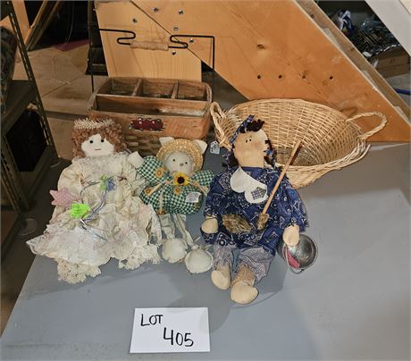 Mixed Plush Rag Dolls, Baskets & More