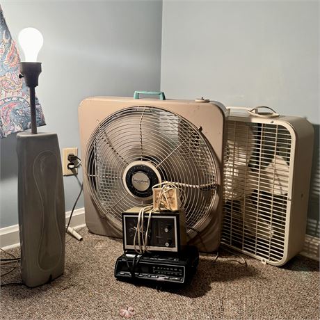 Mixed Lot - Vintage Cooling Fans, Alarm Clocks and Mid Century Ceramic Lamp