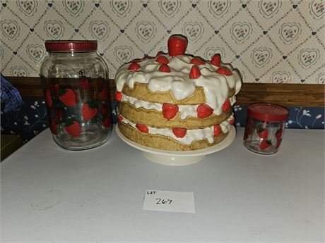 Large Strawberry Covered Cake Plate-Stand & Glass Strawberry Storage Jars